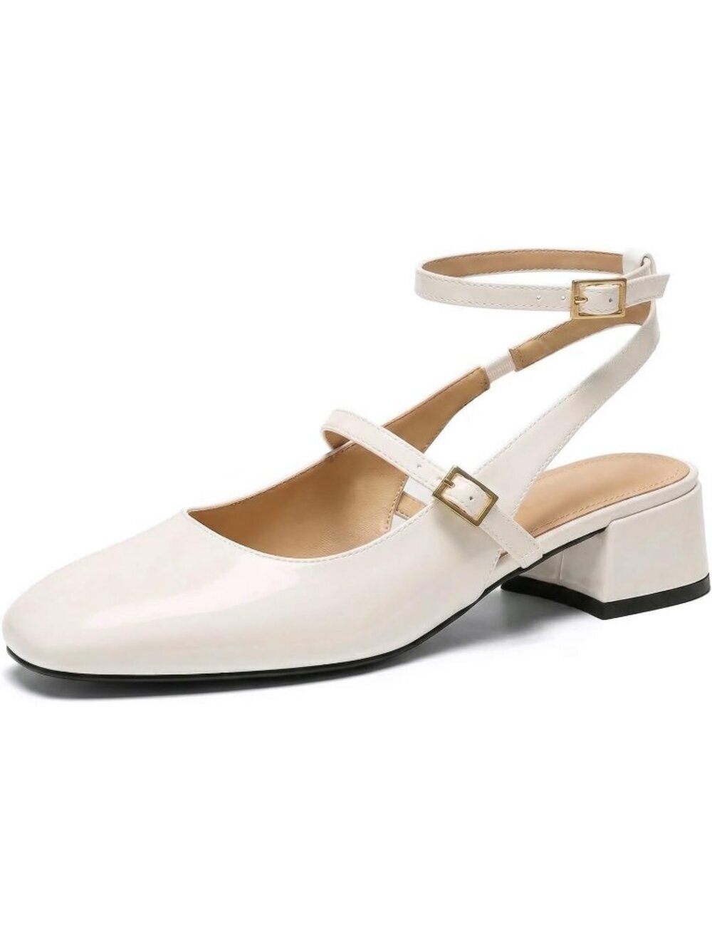 Women's White Square Toe Mary Jane Pumps Chunky Low Heels Ankle Strap Shoes